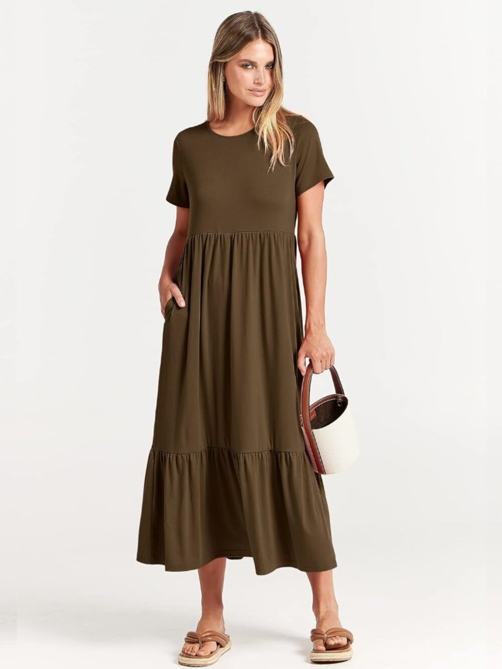 Women's Coffee Summer Casual Maxi Dress A line Tiered Short Sleeve Crewneck - Picture 6 of 6